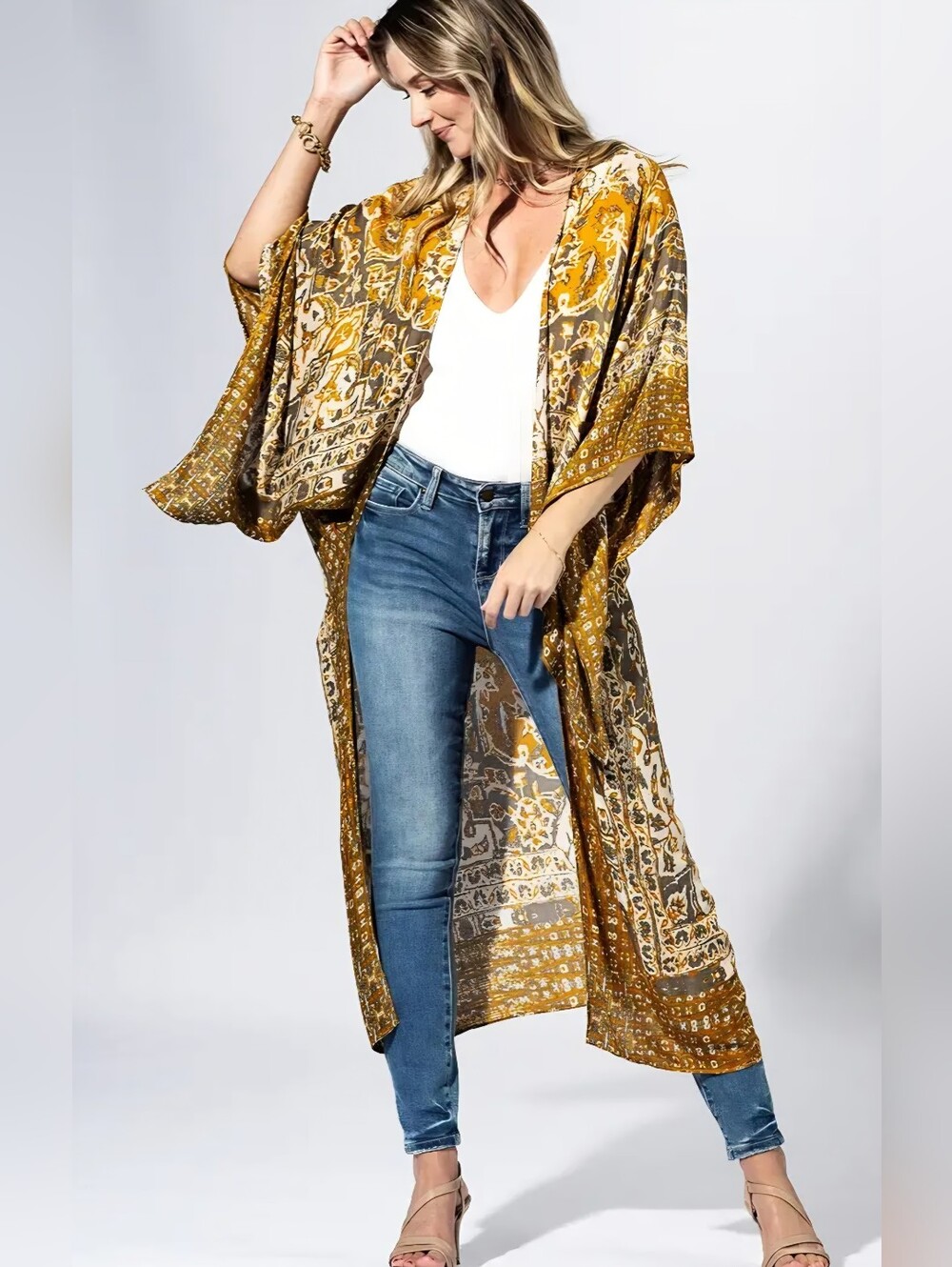 1143 Mustard Yellow Boho Printed Kimono Duster